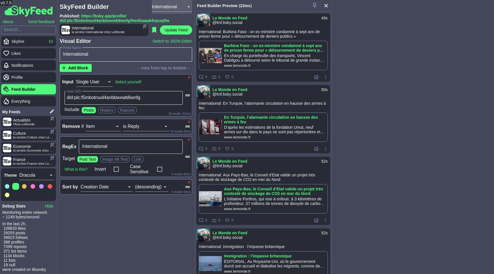 Vue de la construction d'un custom feed sur skyfeed