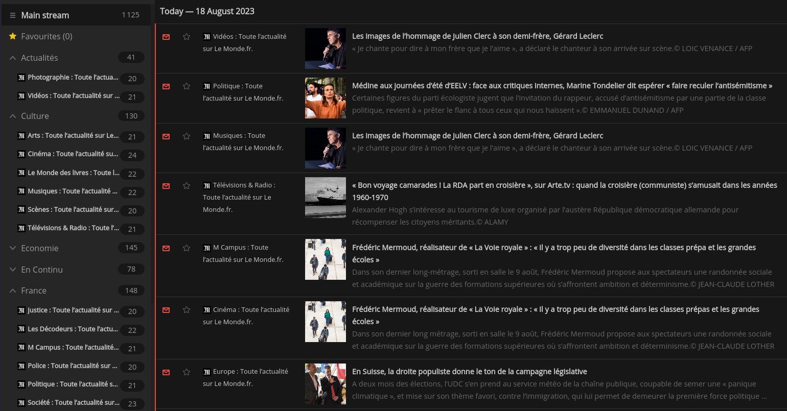 Vue FreshRSS des catégories d'info LeMonde.fr