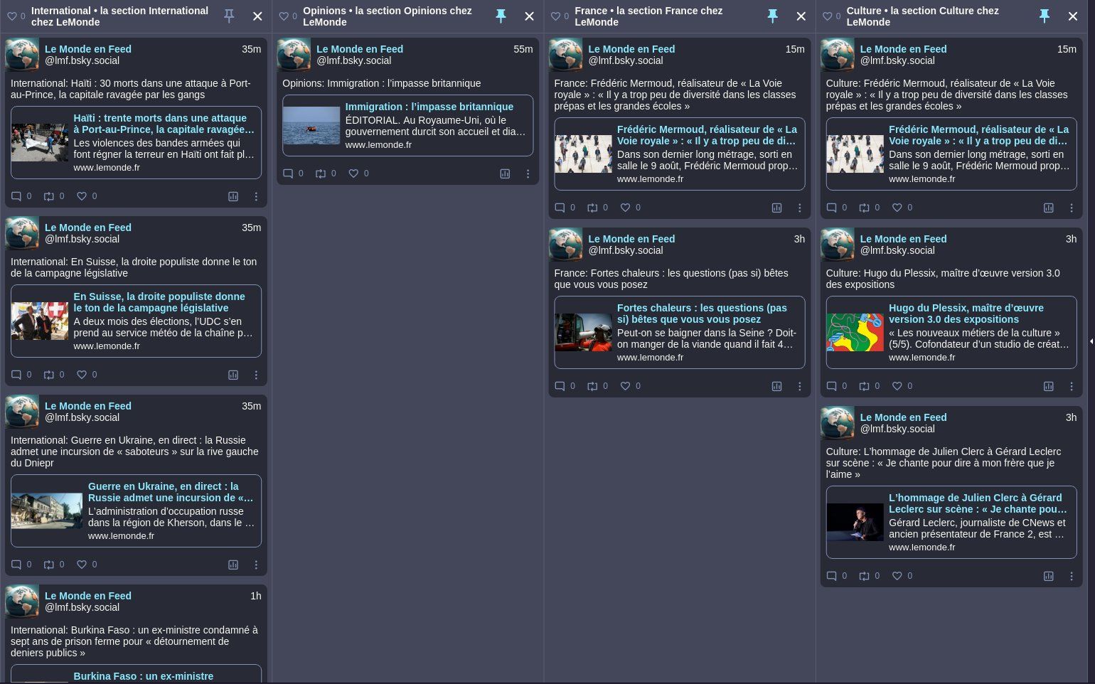 Vue Skyfeed des différents flux thématique