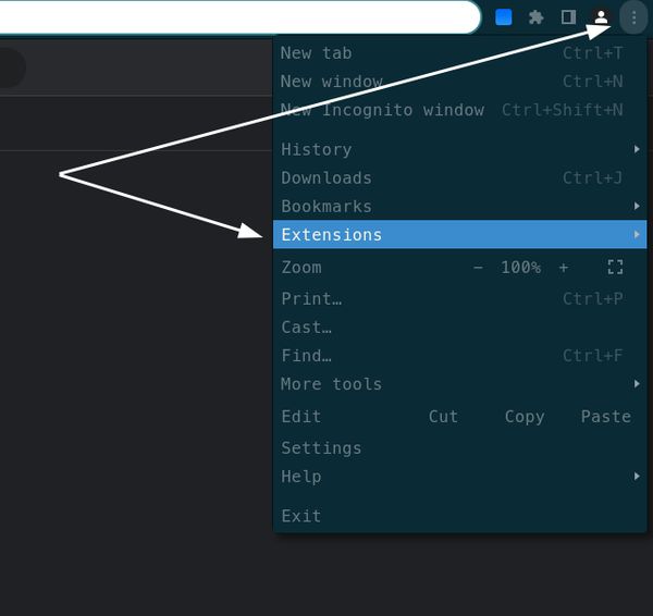 capture d'écran montrant comment aller dans le Menu des extensions sur Chrome