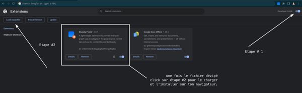 Capture d'écran montrant comment activer le mode dev et charger un extension hors store