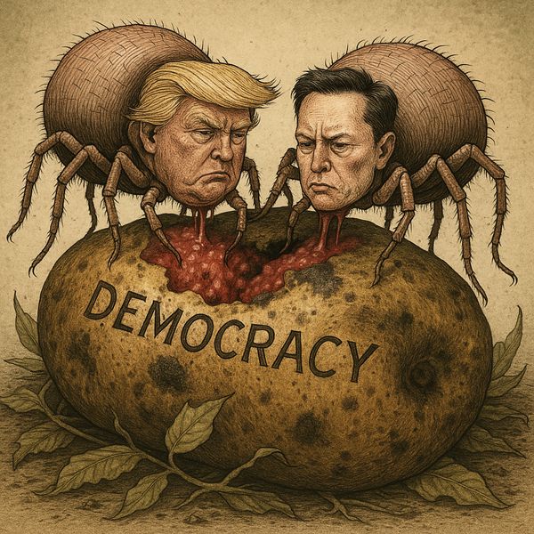 Illustration of two grotesque parasitic creatures with the faces of Donald Trump and Elon Musk, depicted as oversized ticks. They are feeding on a decaying, bruised fruit labeled 'DEMOCRACY,' which is oozing rot where their proboscises pierce it. The image symbolizes political exploitation and the degradation of democratic values