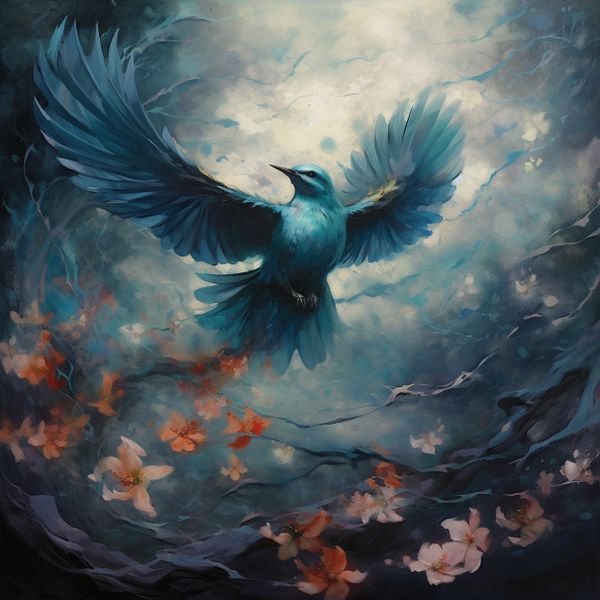 a blue magestic bird hovering down from the bluesky, in the bottom of the image, one can see leafs and the ground