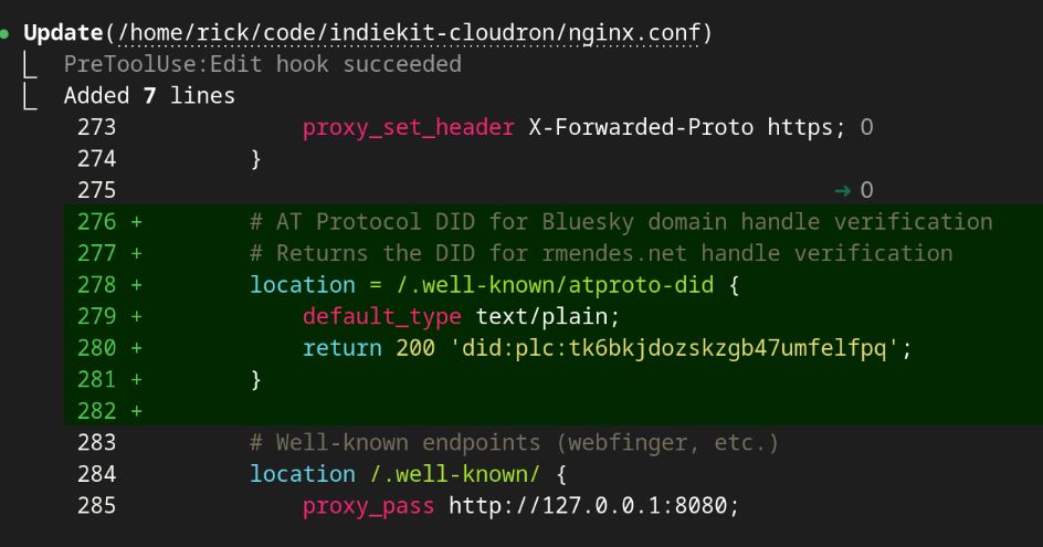 Yay, my bluesky domain handle now pass verification for both DNS and HTTP https://bsky-debug.app/handle?handle=rmendes.net
For the HTTP verification I simply edited my nginx config with a location block to return my DID and that was it !