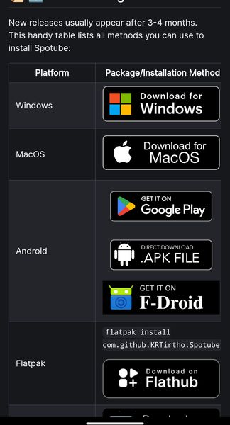 Spotube, écouter Spotify premium via YouTube, l'image affiche les logos des différentes plateformes pour installer Spotube : Apple Store, Google Play, Windows, Linux et aussi Fdroid. 
