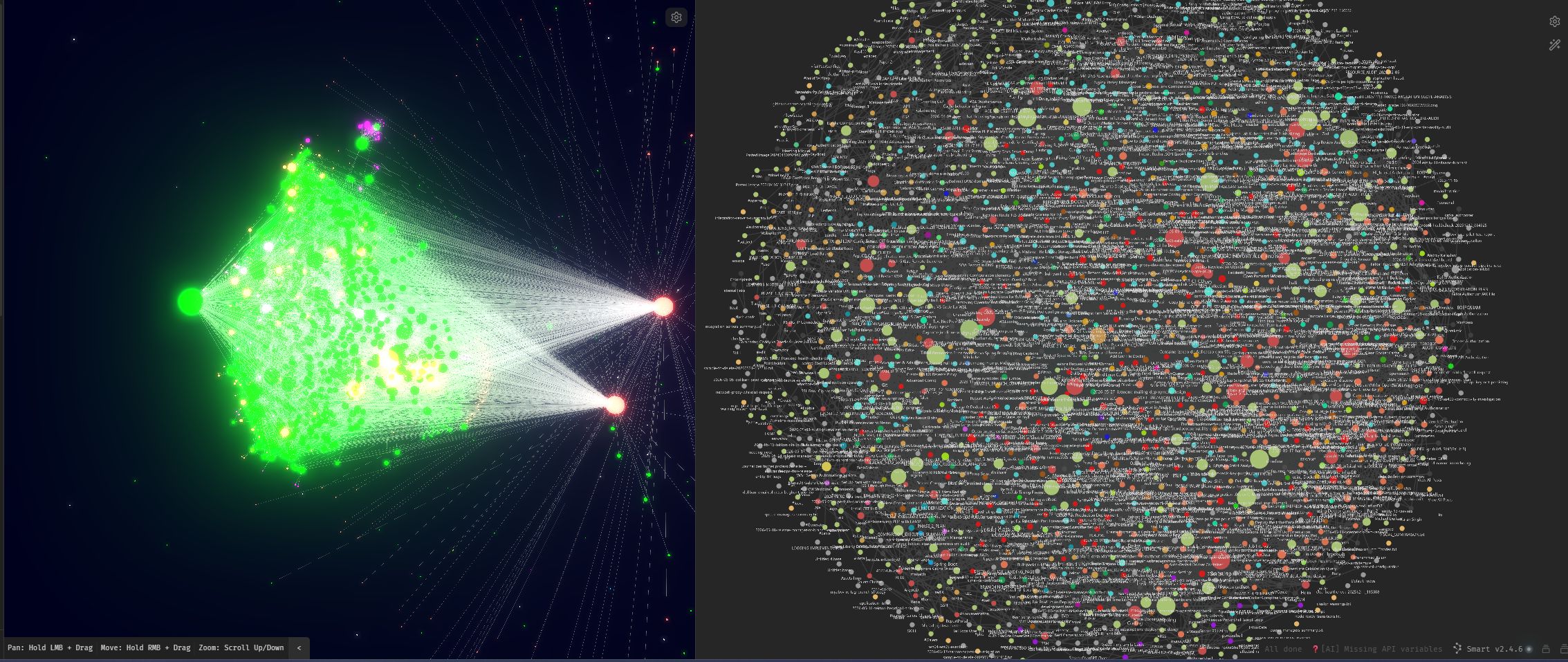 me and my second brain obsidian graph Side-by-side screenshot of two Obsidian graph visualizations of the same vault. On the left, the TagsRoutes plugin's 3D graph view shows notes as a glowing green node network converging toward bright white hub connections. On the right, Obsidian's native graph view shows the same vault as a dense sphere of hundreds of small nodes, color-coded by topic cluster, linked by thin connecting lines.