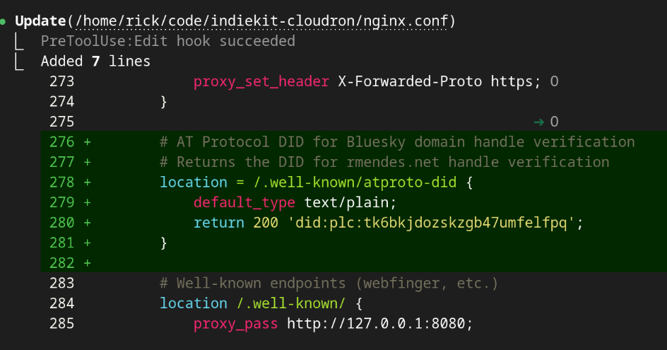 Yay, my bluesky domain handle now pass verification for both DNS and HTTP https://bsky-debug.app/handle?handle=rmendes.net

For the HTTP verification I simply edited my nginx config with a location block to return my DID and that was it !