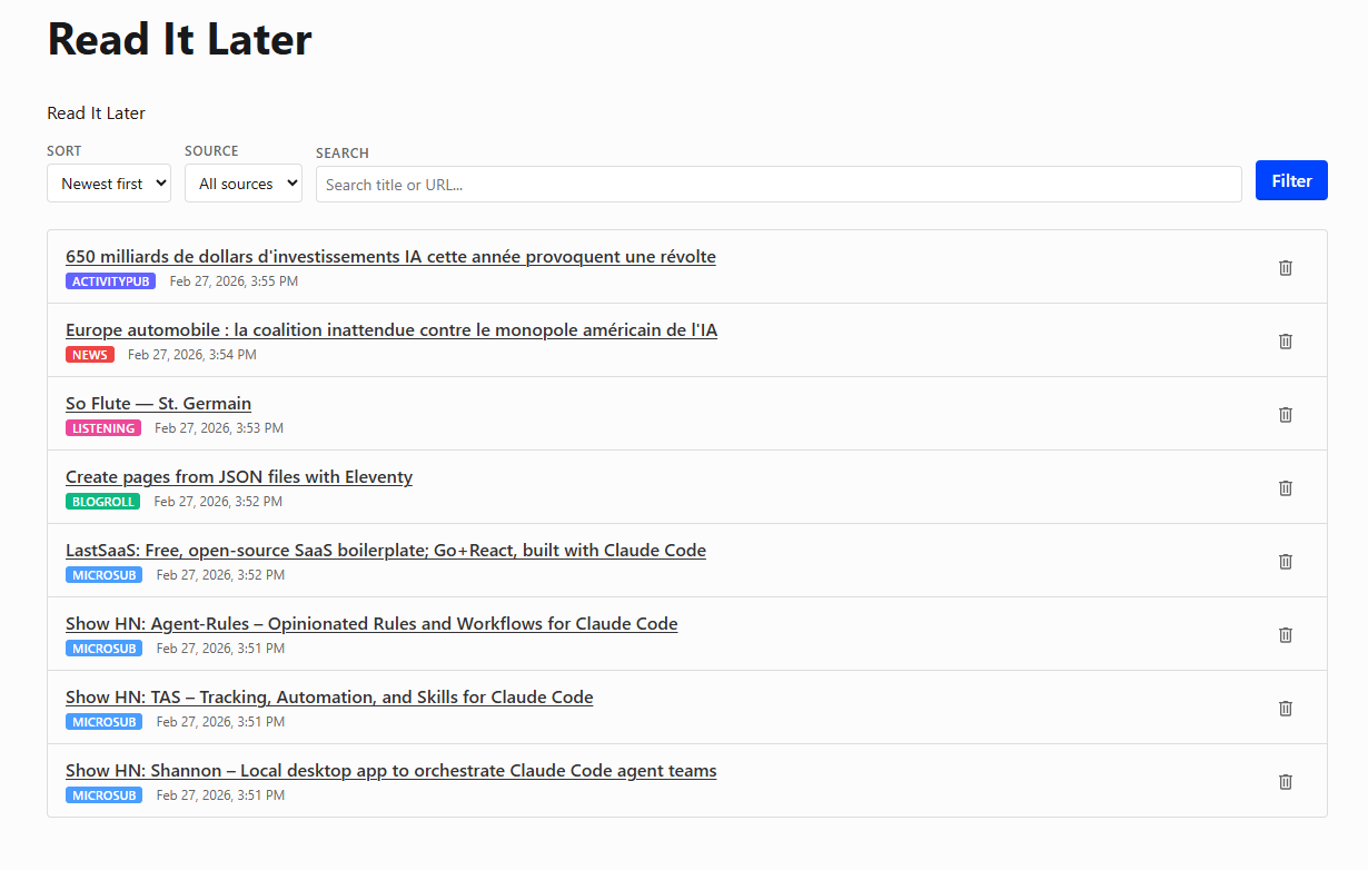 Screenshot showing my read-it-later backend view with items from different parts of my site categorized as sources