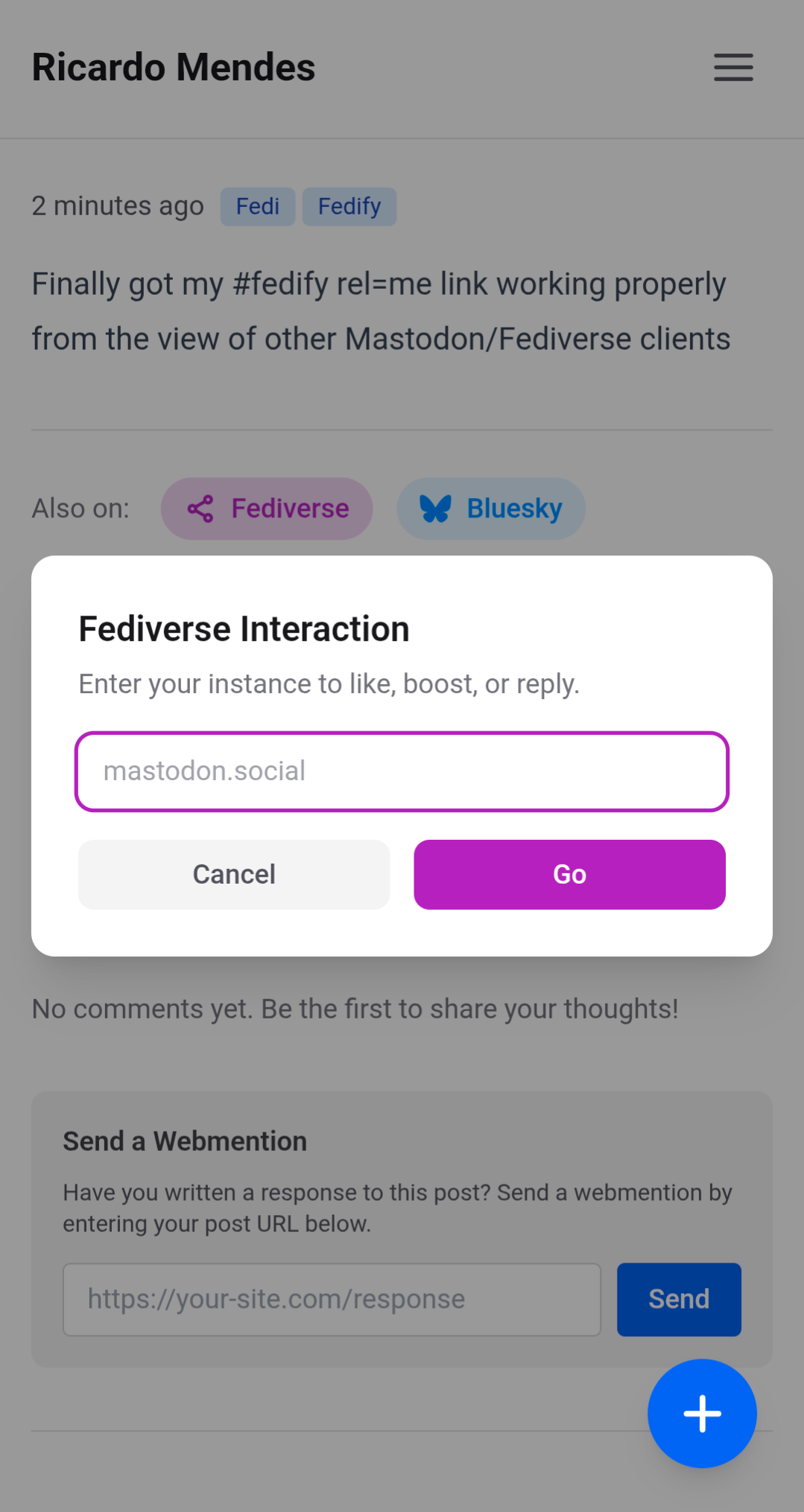 screenshot of the modal allowing users to pick their mastodon instance before interacting With my posts