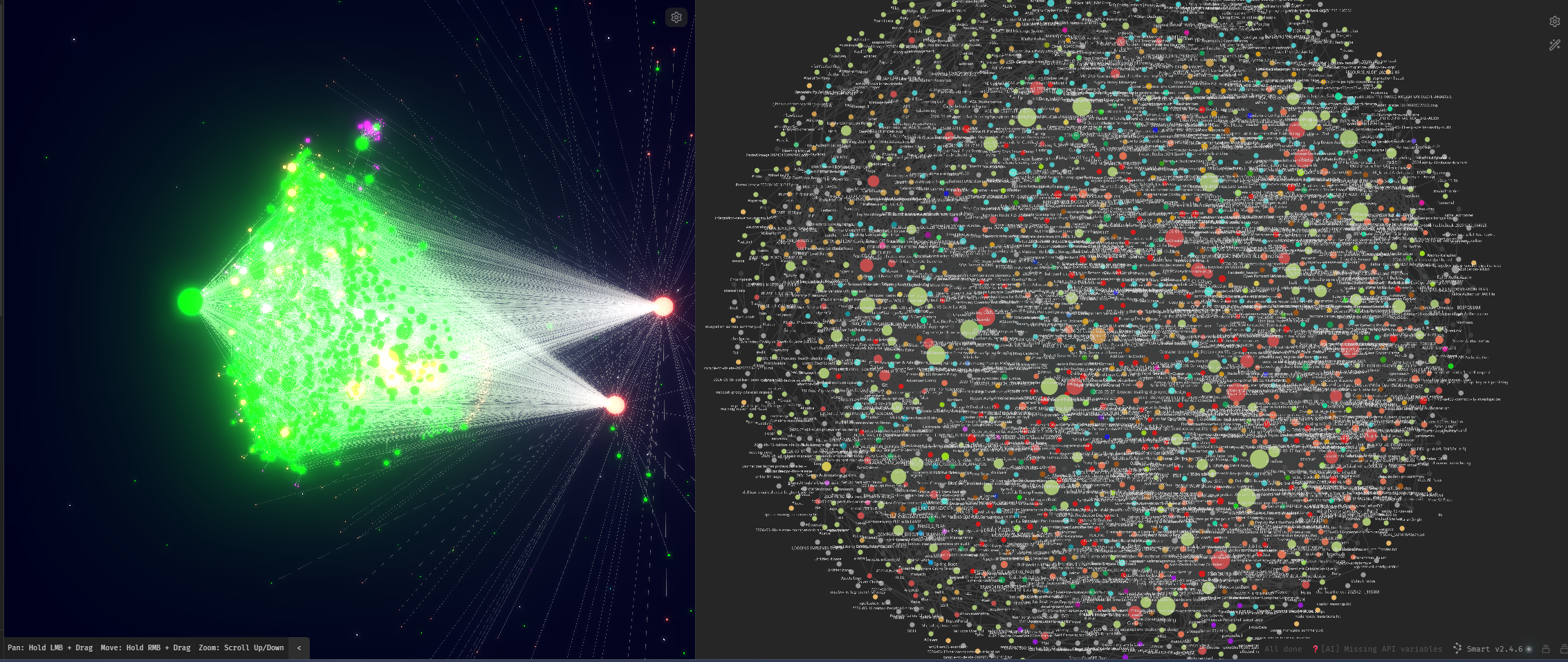 me and my second brain obsidian graph Side-by-side screenshot of two Obsidian graph visualizations of the same vault. On the left, the TagsRoutes plugin's 3D graph view shows notes as a glowing green node network converging toward bright white hub connections. On the right, Obsidian's native graph view shows the same vault as a dense sphere of hundreds of small nodes, color-coded by topic cluster, linked by thin connecting lines.