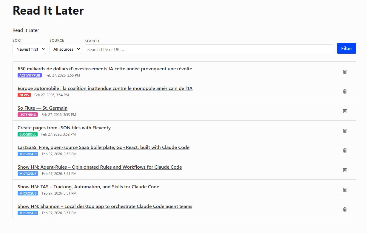 Screenshot showing my read-it-later backend view with items from different parts of my site categorized as sources