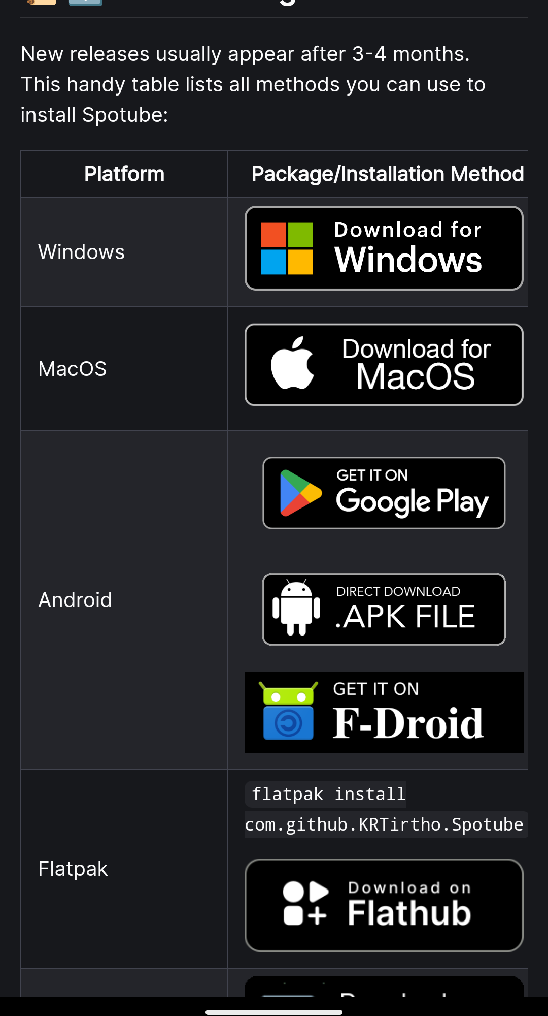 Spotube, écouter Spotify premium via YouTube, l'image affiche les logos des différentes plateformes pour installer Spotube : Apple Store, Google Play, Windows, Linux et aussi Fdroid. 